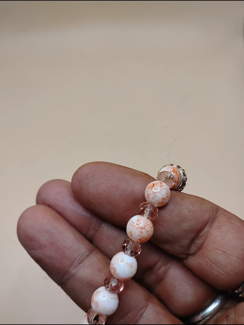 Peach & White Beaded Stretch Bracelet with Cat Charm